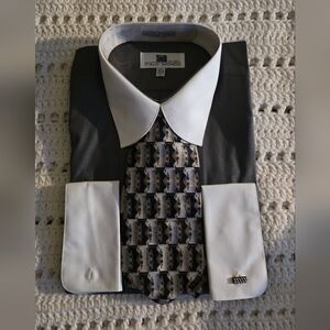 Vintage Gray and White Men's Shirt And Tie